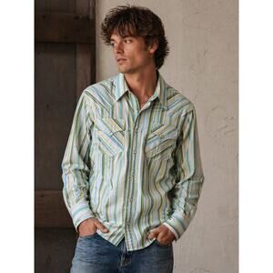 True Religion Stripe Western Snap Shirt XL Green Blue Yellow Cotton Snap Button